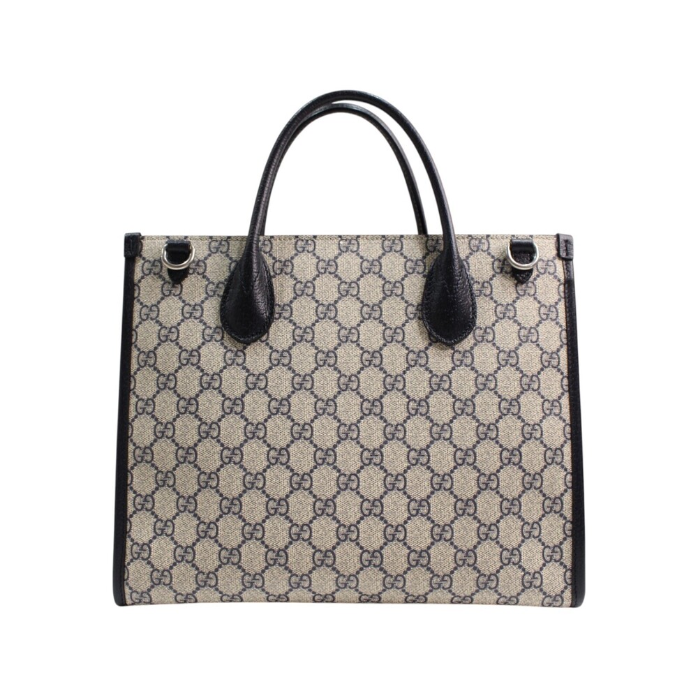 Gucci Beige Bag GG Supreme Navy strap shoulder Tan Tote Blue